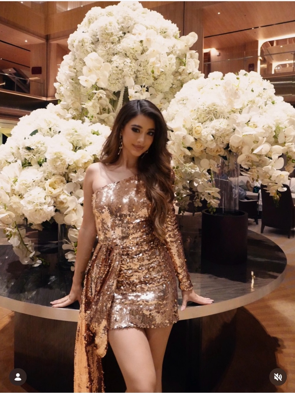 NADINE MERABI Rose Gold Sequin One-Shoulder Mini Dress